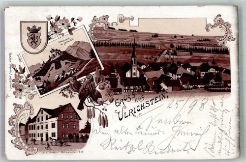35327 W6314 Ulrichstein 1898 Lithographie Stadtwappen Vögel Gasthaus zum Darmstädter Hof Ulrichstein im Jahre 1601