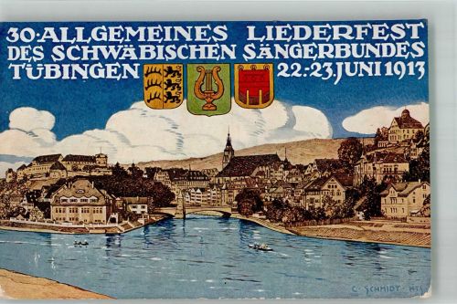 72070 W7400 Tübingen 1913 Künstlerkarte 30. Allgem. Liederfest des Schwäbischen Sängerbundes 1913 Wappen Neckar Schloss Hohentübingen sign. Schmidt Karte Nr. 2
