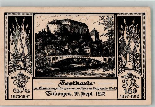 72070 W7400 Tübingen 1923 Lithographie / Künstlerkarte Erinnerung an die Feier der Regimenter 125 & 180 am 10. Sept. 1922 Schloss Hohentübingen sign. Merkert