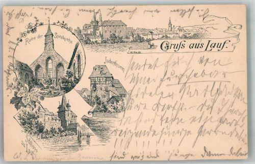 91207 W8560 Lauf a d Pegnitz 1899 Lithographie / Künstlerkarte Schloss zu Lauf Ruine der Spitalkirche Judenturm sign. RA