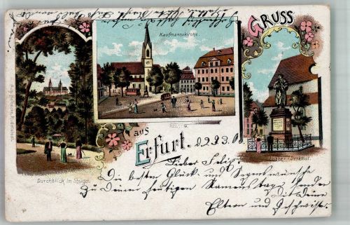 99084 O5000 Erfurt 1905 Gebrauchsspuren Kaufmannskirche Luther Denkmal Lithographie