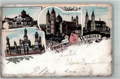 67547 W6520 Worms 1898 Gebrauchsspuren Festspielhaus Dom Lutherdenkmal Lithographie Bahnpost Mainz Ludwigshafen Zug 8 29.9.98