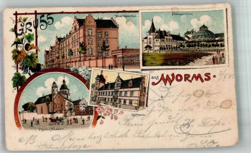 67547 W6520 Worms 1902 Gebrauchsspuren Neue Kaserne Paulus Museum Rathaus Lithographie