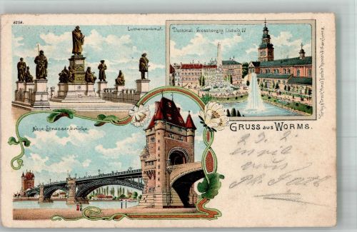 67547 W6520 Worms 1901 Gebrauchsspuren Lutherdenkmal Neue Straßenbrücke Lithographie