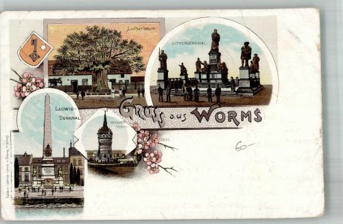 67547 W6520 Worms 1899 Gebrauchsspuren Lutherbaum Wasserturm Bahnpost Zug 117 3.1.99 Lithographie