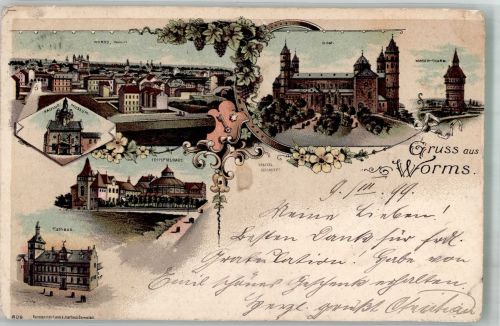 67547 W6520 Worms 1899 Gebrauchsspuren Rathaus Festspielhaus Wasserturm Paulus Museum Lithographie
