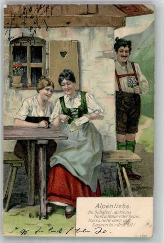 Prägedruck Spruch Tracht Alpenliebe Frau 1908 Gebrauchsspuren