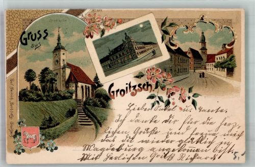 04539 O7222 Groitzsch b Pegau 1900 Lithographie Stadtkirche Dorfstrasse Wappen