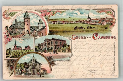 65520 W6277 Bad Camberg 1900 Lithographie Obertor Ev. Kirche Taubstummen-Anstalt Sammlung Dressel Bahnpost Frankfurt-Limburg Zug 614