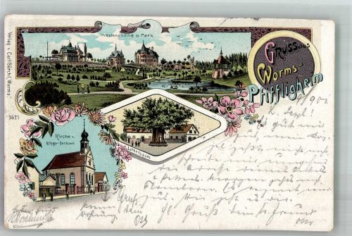 67547 W6520 Pfiffligheim 1901 Lithographie Lutherbaum Kriegerdenkmal Westendhöhe Parkanlage