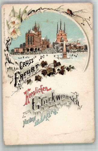 99084 O5000 Erfurt 1900 Gebrauchsspuren Winterlithographie Erfurter Dom Denkmal Schneeglöckchen Neujahreskarte