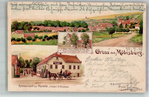 99084 O5101 Möbisburg-Rhoda 1900 Gebrauchsspuren Lithographie Gasthaus zur Forelle