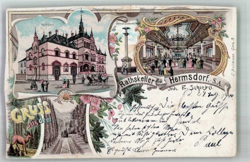 39326 O3211 Hermsdorf b Wolmirstedt 1900 Gebrauchsspuren Lithographie Gasthaus Ratskeller Saal Rathaus Kriegerdenkmal beschnitten