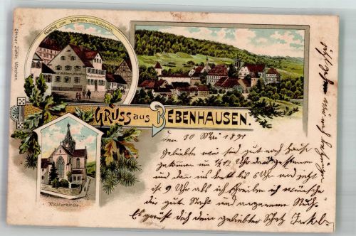 72070 W7400 Bebenhausen , Württ 1897 Gebrauchsspuren Lithographie Klosterkirche Gasthaus zum Waldhorn