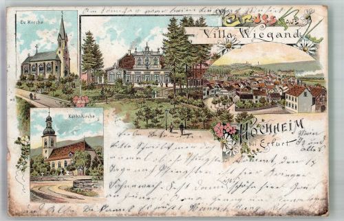 99084 O5034 Hochheim Gebrauchsspuren Lithographie Villa Wiegand Ev. Kirche Kath. Kirche Bahnpost