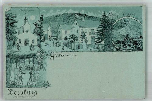 65599 W6255 Dornburg , Westerw Gebrauchsspuren Lithographie Vorläufer Gasthaus Dornburg Kegelbahn Garten Blasiuskapelle Eisstollen beschnitten