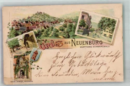 75305 W7540 Neuenbürg , Württ Gebrauchsspuren Lithographie Stadtwappen Hauptstrasse Marktplatz
