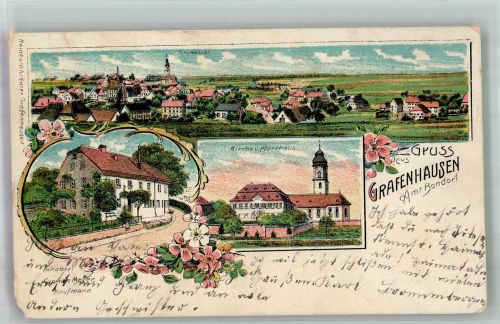 79865 W7821 Grafenhausen , Hochschwarzw Gebrauchsspuren Lithographie Kirche Pfarrhaus Geschäftshaus Kaufmann Meyer