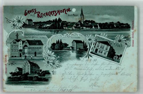 85084 W8077 Reichertshofen , Oberbay 1898 Gebrauchsspuren Lithographie-Mondschein Gasthaus Müller-Bräu Schule Kunstmühle Post Verlag Ottmar Zieher-München