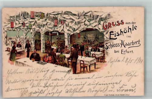 99084 O5000 Erfurt 1901 Gebrauchsspuren Lithographie Schloss Haarberg Restaurant Eishöhle Gastraum beschnitten