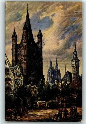 Köln Stadt 1920 - 1930 St. Martin, Stapelhaus und Dom, Ölgemälde Paul Geissler