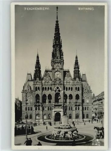 Reichenberg 1931 - Rathaus Foto AK Straßenbahn