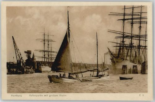Hamburg Hafen, Serie E 9 - Großer Kran , Segelschiffe, Binnenschiff Knackstedt+Näther