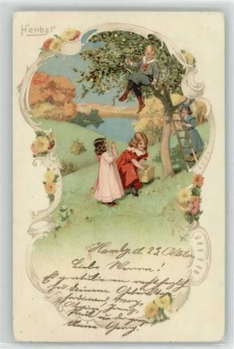 Herbst Kinder bei der Apfelernte, Schmuckrahmen Datumskarte 1901 Lithographie