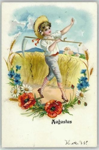 Augustus Litho Glimmer Kornernte Sichel Kornblumen Monat 1902