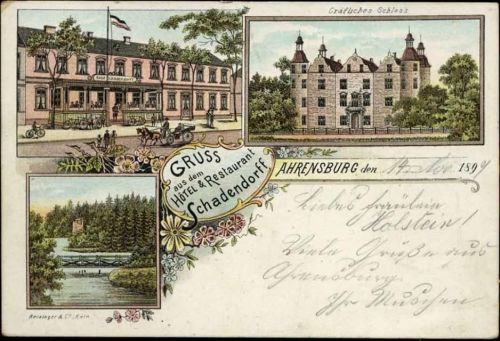 22926 W2070 Ahrensburg 1897 Lithographie Gruß aus dem Hotel & Restaurant Schadendorff, Gräfliches Schloss,Reisinger & Co