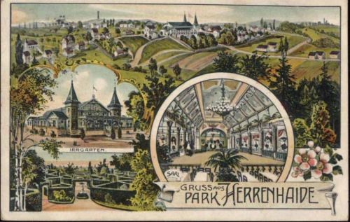 09217 O9112 Burgstädt 1907 Lithographie Gruß aus dem Park Herrenhaide, Irrgarten