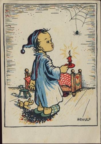 Kleiner Junge mit Kerze, Teddy, Spinne im Netz. Nr. 209,Dennoch-Verlag,sign. Arnulf Spinne 1950