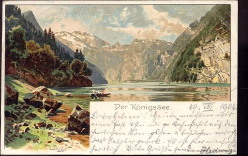 W8240 Berchtesgaden Berchtesgaden: Königssee, Boot, Berge,Hugo Moser,sign. Otto Strützel AKU2 Strützel, O. 1902