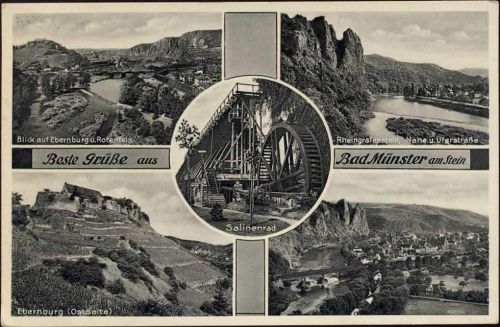 1937 Bad Münster am Stein, Beste Grüße aus, 5 Ansichten, Ebernburg, Salinenrad,A. Geis jr. AKU2