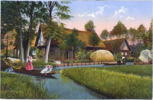 03222 O7543 Lehde um 1920/30 - Lehde, Spreewald, Bauerngehöft, Trachten, Ruderboote,Louis Glaser