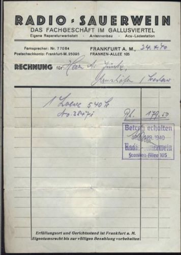 60311 W6000 Frankfurt 1940 - Rechnung von RADIO SAUERWEIN, keine AK