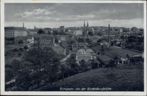 1940 Pirmasens, Ansicht von der Hindenburgbrücke, Häuser, Kirchtürme,Emil Hartmann