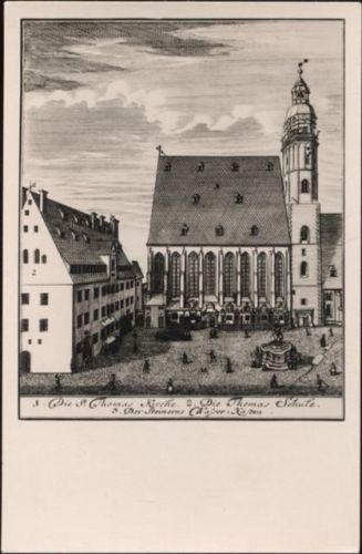 04103 O7010 Leipzig um 1950/60 - Leipzig, Thomaskirche (church) und Thomaßchule (school),Trinks & Co,sign. Krügner AKU2