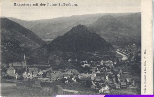 um 1900 Mayschoss, Ansicht mit der Ruine Saffenburg,A. Dreesbach AKU2