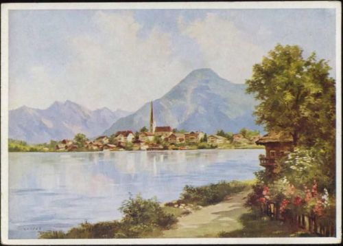 um 1930/40 Egern am Tegernsee, Ansicht, Kirche, Seeufer, Künstler-AK,Emil Köhn,sign. Karger AKU1