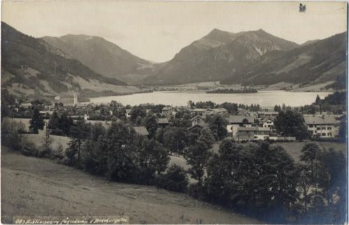 um 1920/30 Schliersee, Ansicht mit Jagerkamp, Brecherspitze und See AKU2