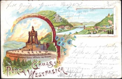 32457 W4952 Porta Westfalica 1898 - Port Westfalica, Gruß aus, Denkmal Kaiser Wilhelm der Große, Ansicht mit Brücke