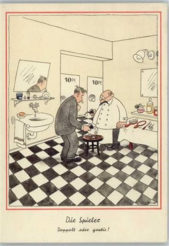 Würfelspiel beim Friseur Berufe sign Willi Halle Würfeln 1942 Künstlerkarte