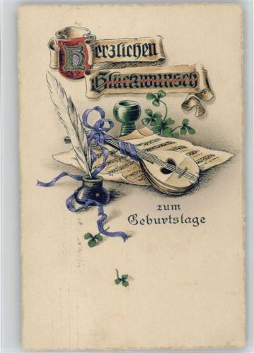Geburtstag Tintenfass mit Feder Mandoline u. Notenblatt Schreiben 1912