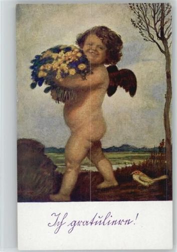 AK sign A. Hengeler "Ich gratuliere" Engel mit Blumenstrauß Verlag Seemann Nr. 140
