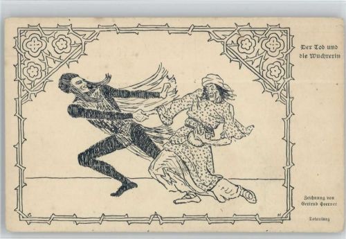Der Tod und die Wucherin - Totentanz - Zeichnung von Gertrud Hoerner - Märchenspiele AK Nr. 12 Tod
