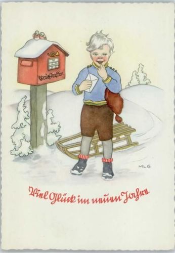 Neujahr - Kind mit Brief und Schlitten . Sign MLG