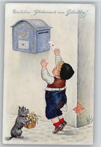 Kind mit Brief - Hund mit Blumenkorb - ca 1920 AK