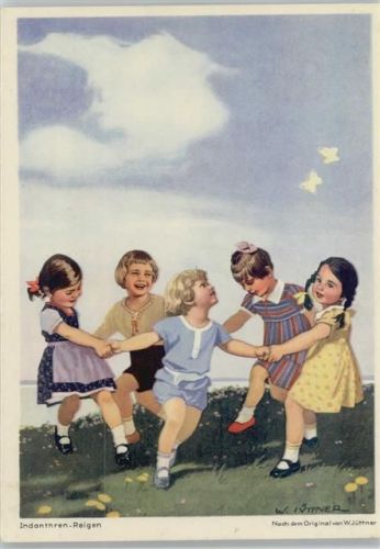 Werbung - Farben für Stoffe Mode Kinder Reigen ca 1935 AK Künstler sign Jüttner