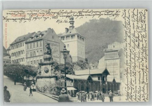 Karlsbad - Der Marktbrunnen - Reklame an der Hauswand: Glasfabrik Meiernhofen 1906 AK
